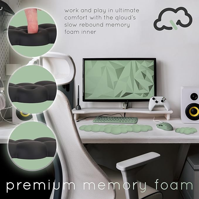 Qloud Cloud Wrist Rest Keyboard Wrist Rest for Computer Keyboard Pad Cloud Keyboard Wrist Rest Wrist Pad for Keyboard Memory Foam Non Slip Base Comes with Mouse Pad - Pastel Green