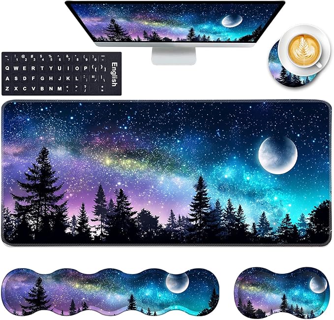 Keyboard Wrist Rest and Mouse Pad with Wrist Support Set Ergonomic CoasterMemory FoamEasy Typing Pain ReliefLarge XL Desk Mat 31.5x 11.8Forest Moon