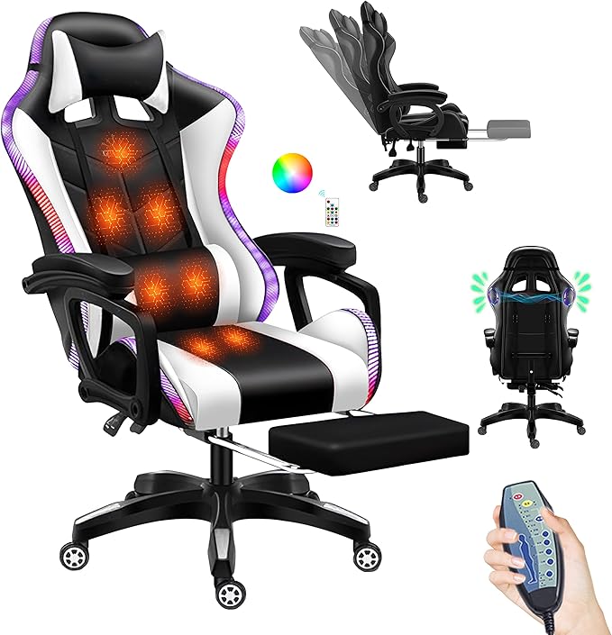 TBQATNTS Gaming Chair Gaming Chair with 7-Point Massage Function Computer Chair with Speakers and RGB Lights Ergonomic Racing Chair Gaming Chair for Adults with Headrest and Lumbar Pillow.White