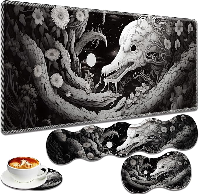 Large Gaming Mouse Pad + Keyboard Wrist Rest + Wrist Support + Coaster Set Memory Foam Ergonomic for Easy Typing XXL Extended Gaming Mouse Pad Table Pad - Black Snake