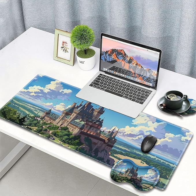 Large Gaming Mouse Pad + Wrist Rest + Lace Coaster Non-Slip Set with Sewn Edges and Waterproof Expandable Desktop Pad Suitable for Office/Home Castle in Forest