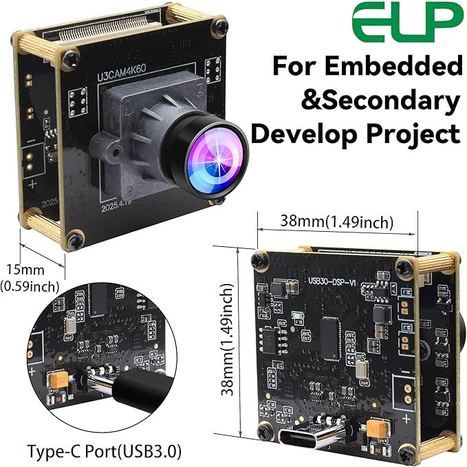 ELP High Speed 4K 60FPS USB Camera Module for Computer Mini UVC 2160P USB3.0/2.0 Lightburn Cameras for Windows Linux Mac Pi Wide Angle 100°(H) IMX678 Webcam Board for PC Laptop Jetson Nano