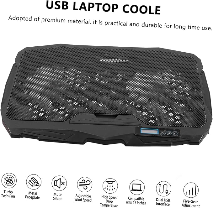 Tofficu Notebook Cooler Adjustable Height Led Fan Dual USB Ports Angle Support for Quiet Laptop Cooling and Ventilation Portable Laptop Cooling Mat