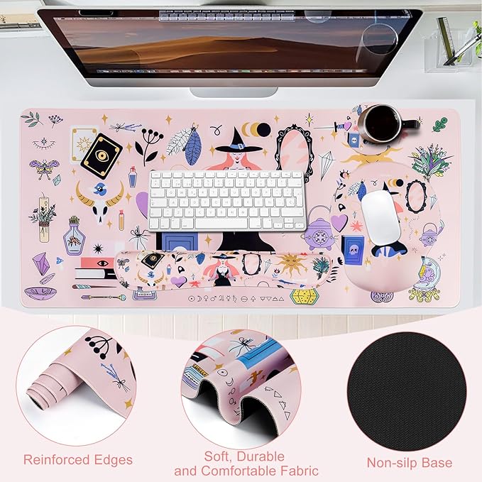 Petmolico Mouse Pad Set with Computer Keyboard Desk PadMouse Pad with Wrist RestTyping Wrist Pad and Cup CoastersErgonomic Design for Typing Pain Relief [PinkHalloween]