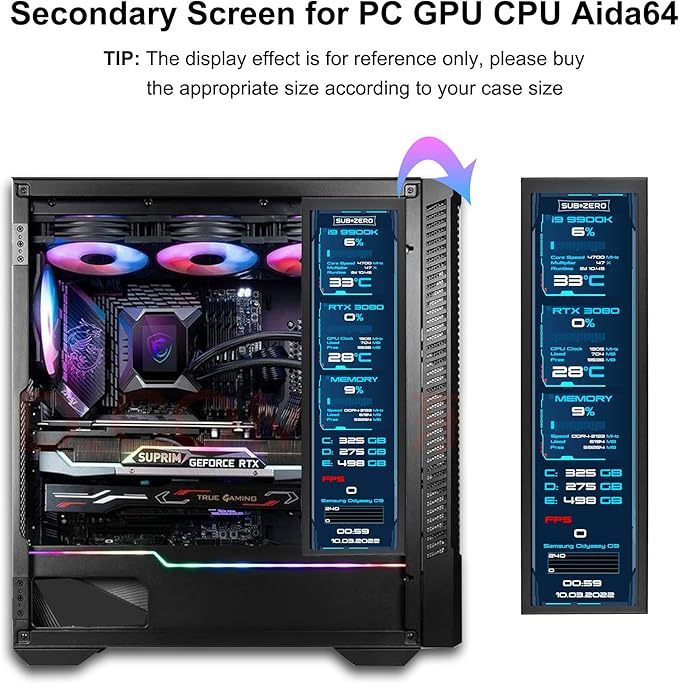 8.8 Inch Computer Secondary Screen CPU Temperature Monitor with Casing FHD IPS 1920x480 LCD Display for Computer Case Temperature Windows Aida64 CPU GPU Monitor