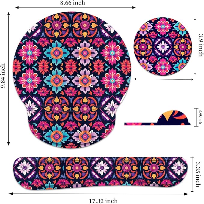 Keyboard Wrist Rest and Mouse Pad Wrist Support Set with CoasterErgonomic Mouse PadComfortable for Easy Typing Pain ReliefMemory Foam Keyboard Pad Set for Laptop MacColorful Mandala