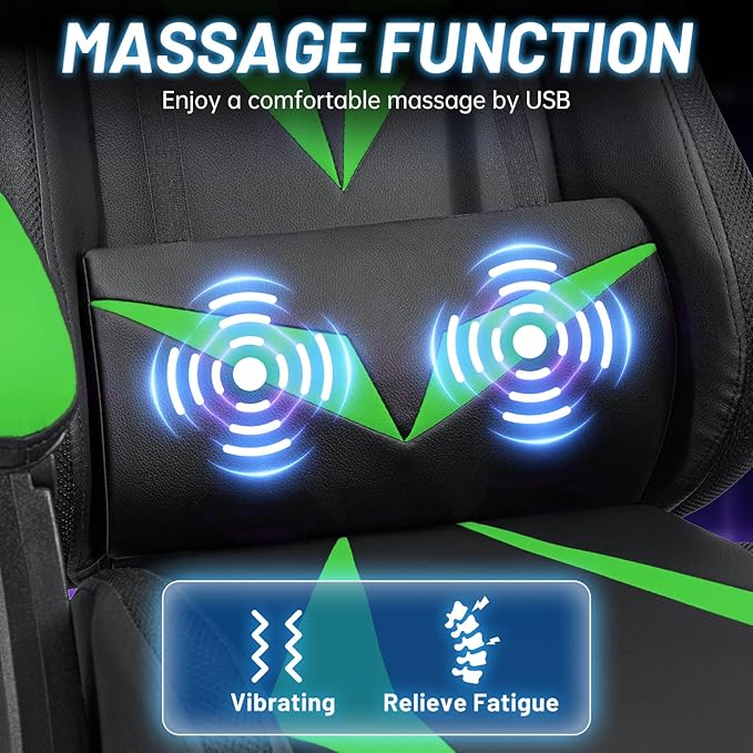 HOFFREE Gaming Chair with LED RGB Lights Massage Ergonomic Video Game Chairs with Footrest High Back Reclining Computer Chair with Adjustable Lumbar Support Green and Black