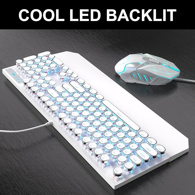 Retro Typewriter Keyboard and Mouse Combo Cute White Keyboard with Linear Red Switches Full Size Wired Mechanical Gaming Keyboard Cool Light Up Keyboard and Mouse for GamingWorkMacPCWindows