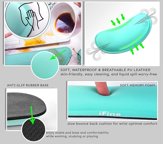 iFine Upgrade Cleanable PU Leather Keyboard Wrist Rest Pad &amp Mouse Wrist Cushion Support for School Home Office Computer Laptop Mac Waterproof Lightweight Comfortable Pain Relief Typing (Min