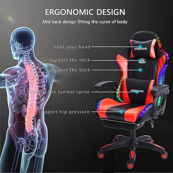 TBQATNTS Video Gaming Chair with Speaker and RBG Light Ergonomic Computer Chair with Massage Function Comfortable Computer Recliner with Footrest and Lumbar SupportGaming Chair for Adults Kids.Red