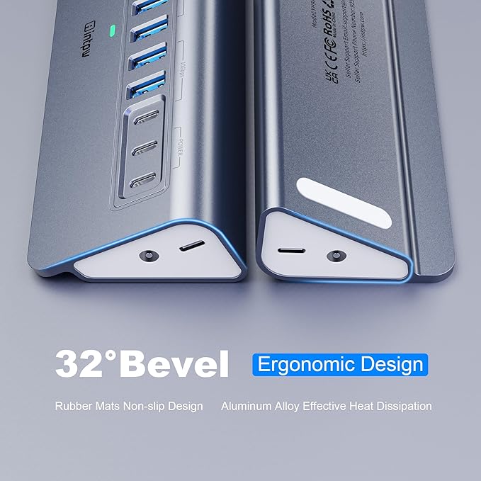 Powered USB Hub 10Gbps intpw YH9AC 12-Port USB Splitter with USB A/USB C 3.2 4 USB 3.0 2 PD 45W Charging Ports 65W Power Adapter + 3.3FT Cable Aluminum USB Extender Hub for Laptop/PC/iPhone 16/15
