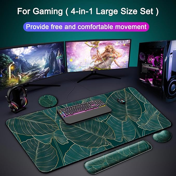 Keyboard Wrist Rest + Mouse Pad with Wrist Support + Desk Mat + Coaster 4 in 1 Set XXL Large Gaming Mousepad Cute Ergonomic Mouse Pads for Desk Computer Laptop Office Decor-Green Leaves