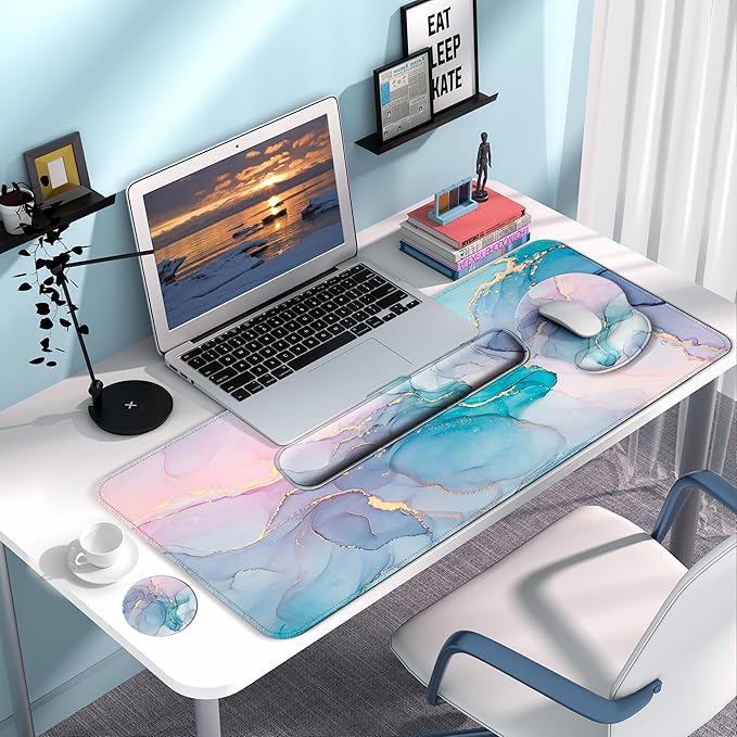 Desk Mat Set + Keyboard and Mouse Pad with Wrist Rest Support4-in-1 Large Mousepad Computer Mats for Desktop Home &amp Office-Golden Blue Marble