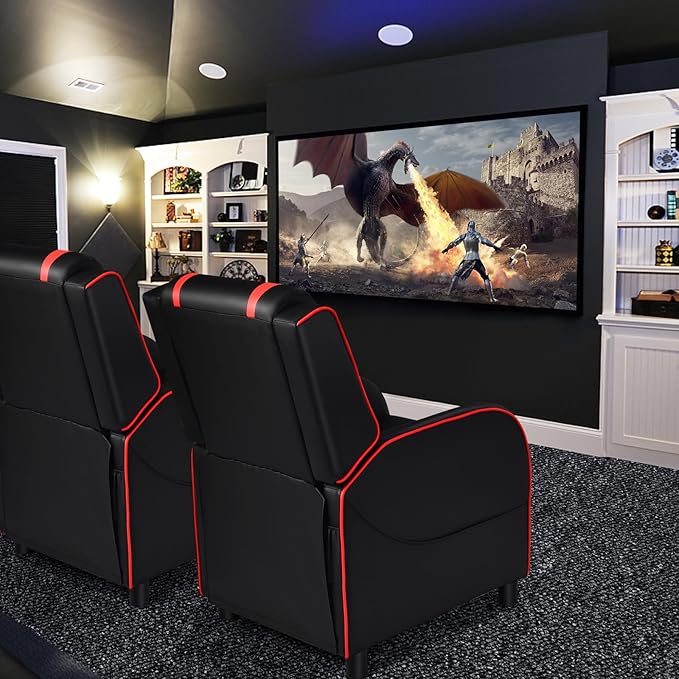 GYMAX Gaming Recliner Massage Gaming Chair with Adjustable Footrest Remote Control &amp Side Pocket Ergonomic Game Lounge Chair Racing Style Single Theater Seat Game Sofa for Adults (Red)
