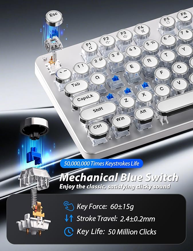Typewriter Mechanical Gaming Keyboard and Mouse Metal Panel Retro Keyboards with Round Keycap Blue Switch Rainbow LED Backlit 104-Key Anti-Ghost Wired Mouse and Pad Combo for PC Laptop Mac Gamer