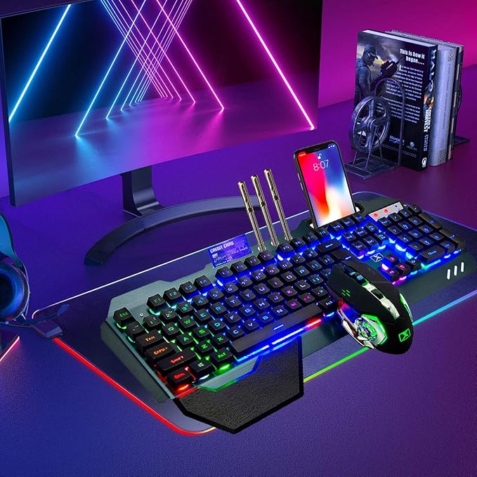 Wireless Gaming Keyboard and MouseRainbow Backlit Rechargeable Keyboard Mouse with 3800mAh Battery Metal PanelRemovable Hand Rest Mechanical Feel Keyboard and 7 Color Gaming Mute Mice for PC Gamers