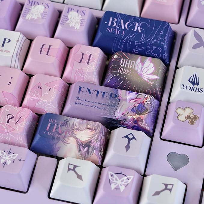 PBT Custom Keycaps 130 Keys Japanese Anime Purple Keycaps Cherry Profile Dye Sublimation Keycap Manga Style Key Cap Set for 60% 65% 75% TKL 100% Mechanical Keyboard
