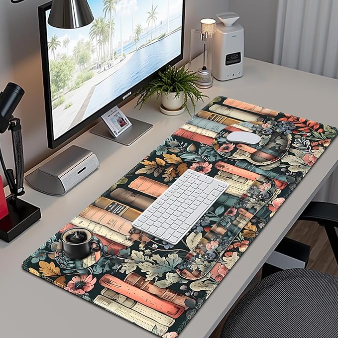 Nature Aesthetic Florals Books Mouse Pad XXL Large Desk Mat Extended Reading Desk pad 4PCS Non-Slip Rubber Base Computer Big Mousepads for Work Game Office Home Decor Accessories I Bookworm Gift