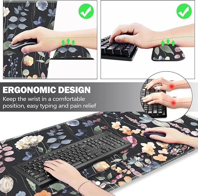 ARTSO Gaming Mouse Pad Wrist Support Set XXL Large Desk Mat Mousepad + Keyboard Wrist Support+ Mouse Wrist Rest+Coaster 4in1 Ergonomic Memory Foam Stitched Edge for Home Office -Flowers Plants