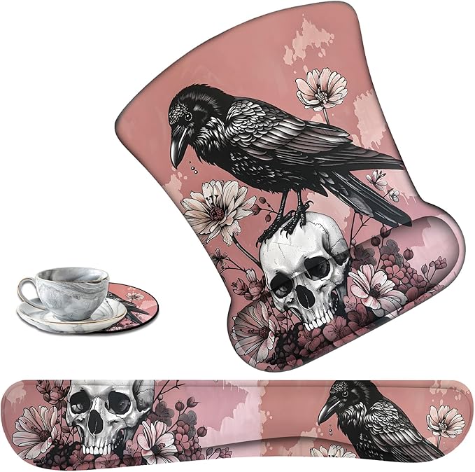 Keyboard Wrist Support + Wrist Mousepad + Coaster Combination Non-Slip PU Base with Gel Memory Mousepad Suitable for Gaming Office Pain Relief Mousepad Set - Crow Skull