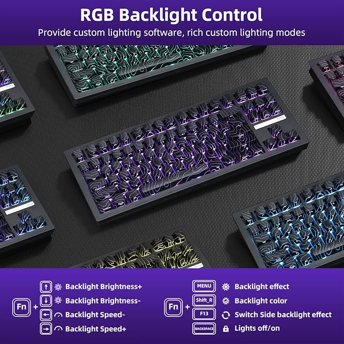ZORNHER ZH870 Wireless Gaming Mechanical Keyboard80% Black Custom Creamy Sound Keyboard with Lighted Up Black Topographic KeycapsCreamy Sounding Linear SwitchesHot-SwappableRGB Backlit