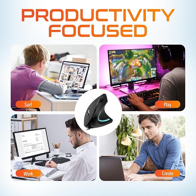 Delton S12 Ergonomic Vertical Wired Mouse 6 Buttons 3 Adjustable DPI Levels (800/1200/1600) &amp 3D Scroll Wheel Compatible for PC Laptop Mac Chromebook - Black