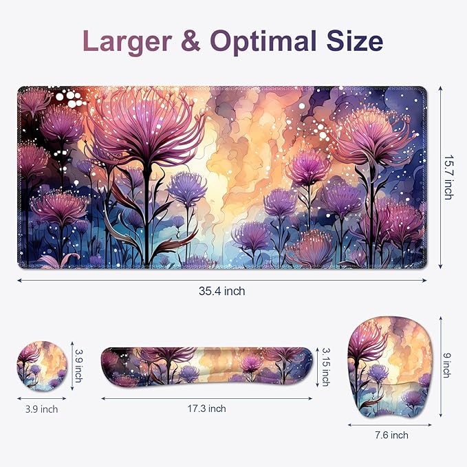 4 in 1 Large Mouse Pad Keyboard Wrist Rest Set Ergonomic Mouse Pad with Wrist Support Desk Mat with Stitched Edges Extended Desk Pad Waterproof Desk Mat for Home Office I Blossom Purple Flower