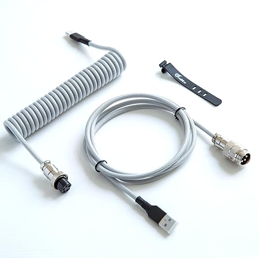 GUNMJO Pro Custom Premium Coiled USB C Cable for Gaming Keyboard Double-Sleeved Mechanical Keyboard Cable with Detachable Metal Aviator 1.5M USB-C to USB-A Marble Gray Color