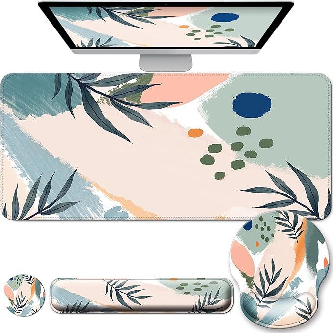 Desk Mat Set + Keyboard and Mouse Pad with Wrist Rest Support4-in-1 Large Mousepad Computer Mats for Desktop Home &amp Office-Leaves 2
