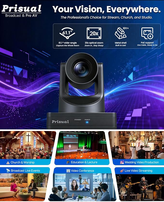 NDI 6.1.1 PTZ Camera Ai Auto-Tracking 20x Optical Zoom LAN USB3.0 PoE HDMI PTZ Camera for Church Services Worship Education Live Events(Official NDI Certified) PT20X-UL-N