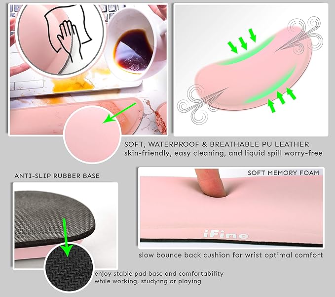iFine Upgrade Cleanable PU Leather Keyboard Wrist Rest Pad &amp Mouse Wrist Cushion Support for School Office Home Computer Laptop Mac Durable Waterproof Lightweight Pain Relief Typing (Pink 2 Sets)