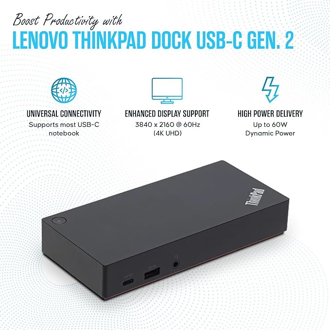 40AS0090US Lenovo Thinkpad Docking Station USB-C Gen 2-1 Year Warranty - Thinkpad Thunderbolt 3 Dock HDMI DisplayPort &amp USB C Cable - Universal Docking Station (Renewed)