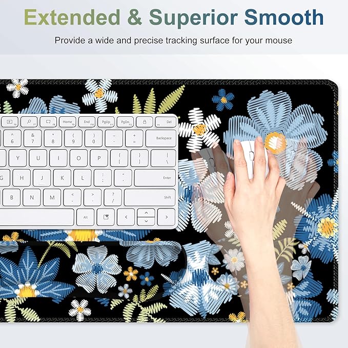 Large Gaming Mouse Pad Set 4 in1 Ergonomics Keyboard Desk Mat with Memory Foam Wrist Rest Computer PC Extended Game Mousepad Non-Slip Desk Pad Matt Easy Typing Pain Relief I Forget-me-not