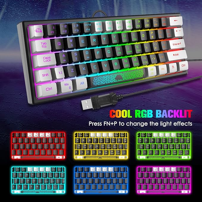 60% Gaming Keyboard and Mouse Combo Portable Mini RGB Backlight Black White Duble Color Keycaps Mechanical Feeling and RGB 6400 DPI Honeycomb Optical MouseGaming Mouse pad for Gamers and Typists