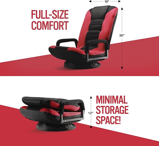 Swivel Floor Gaming Chair - Video Lounger Enjoy 6 Different Positions Adjustable Backrest Removable Arm Rests Folds to Store Stylish Blue with Black Center Stripe