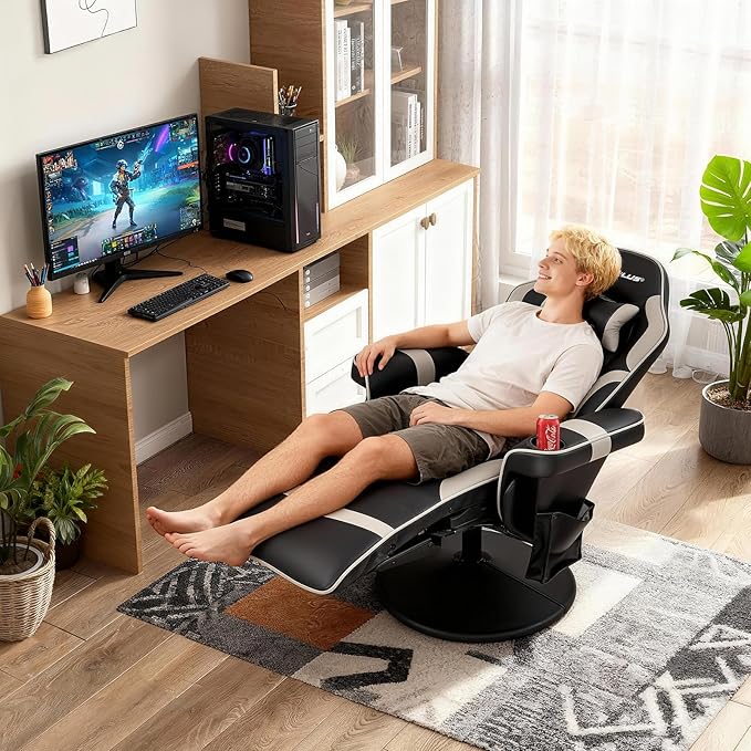 POWERSTONE Gaming Recliner Adjustable Massage Gaming Chair with Cup Holder Footrest Ergonomic Single Sofa Living Room Home Theater Seating with Side Pouch (Grey)