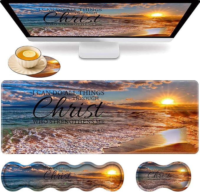 Gaming Mouse Pad Set Large Gaming Mouse Pad+Keyboard Wrist Rest+Mouse Wrist Rest+Coaster Easy Typing Pain Relief 31.5 × 11.8 inch Desk Mat for Home Office Beach Quoting Philippians 4-13