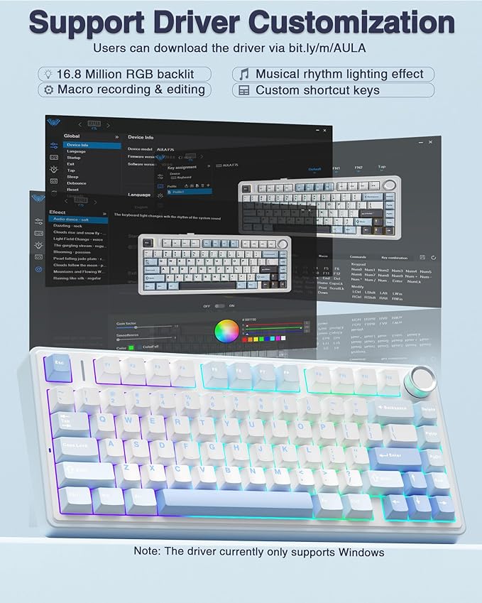 AULA F75 75% Wireless Mechanical Keyboard Hot Swappable Creamy Keyboard Pre-lubed Greywood Switches RGB Backlit Gaming Keyboards 2.4GHz/Type-C/BT5.0(Salt White Blue)
