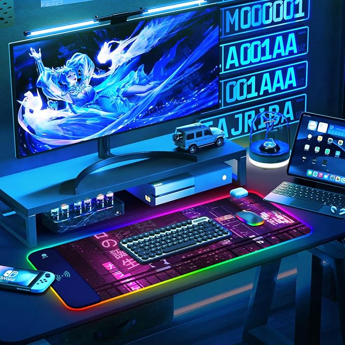 ToLuLu RGB Gaming Wireless Charging Mouse Pad 15W 10 Light Modes LED Mouse Pad Computer Keyboard Mat Mousepad 800x300x4MM Extended Large Desk Mat for Gaming MacBook Laptop PC Neon Purple Sign