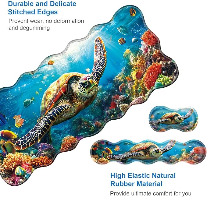 Large Gaming Mouse Pad Keyboard Wrist Rest Pad &amp Wrist Support Mousepad Set Stitched Edge Extended Non-Slip Base Memory Foam Desk Mat for Office HomeSwimming Sea Turtle