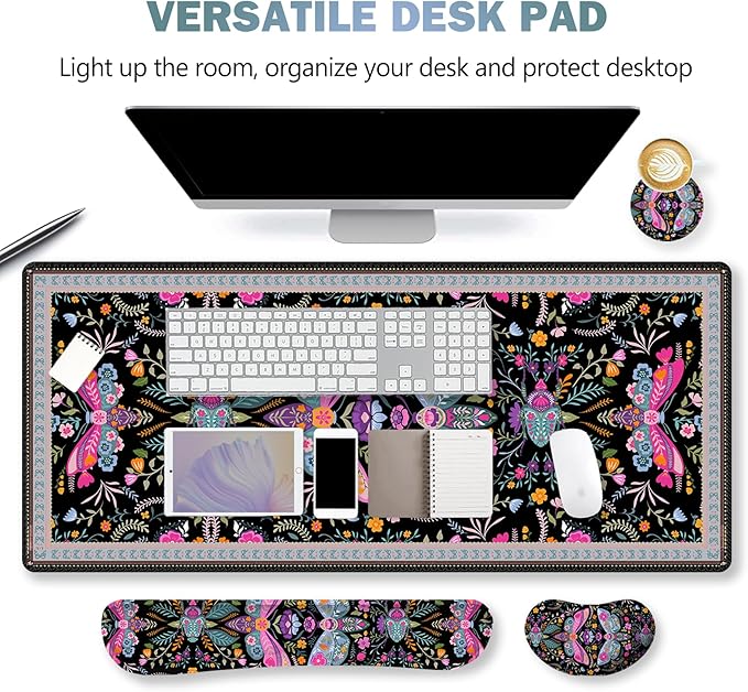 ARTSO Black Desk Mat Set Extended Gaming Mouse Pad with Wrist Rest Support +Keyboard Wrist Rest +Coaster Large Cute Butterfly Mousepad Colorful Butterfly