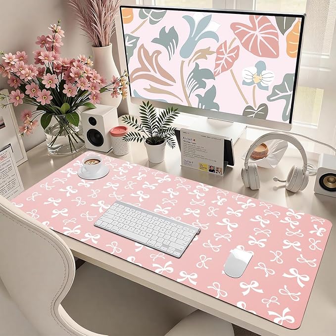 Cute Pink Bow Office Desk Mat 23.6''X11.8''Aesthetic Bowknot Desktop Mat Pu Leather Large Mouse Pad Trendy Kawaii Mousepad Non-Slip Table Mat for Girls Women Home Work Computer Game