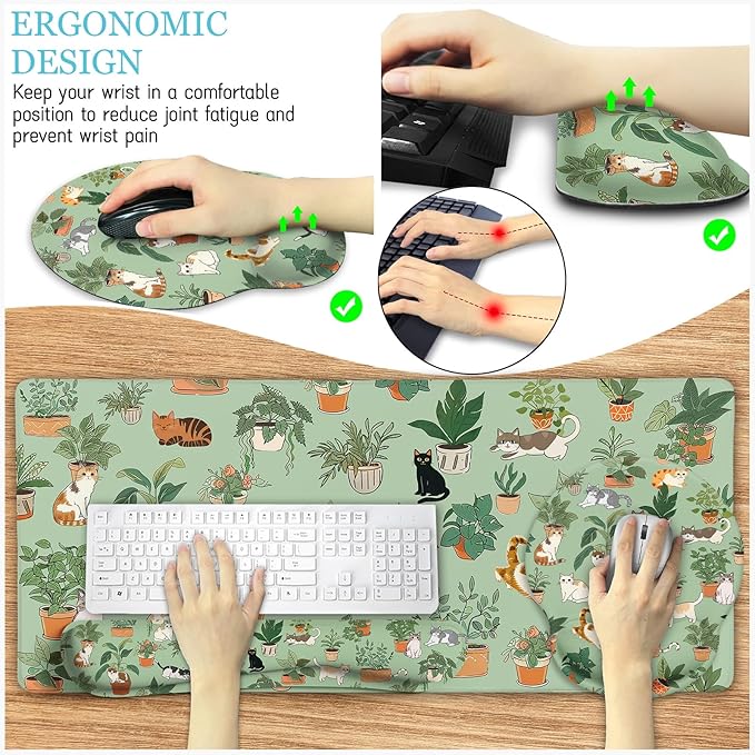Cat Mouse Pad XXL Desk Mat Set Green Ergonomic Mouse Pad with Wrist Rest Large Gaming Mousepad Wrist Support Keyboard Mat Cup Coaster Set Cute Office Desk Decor Accessories