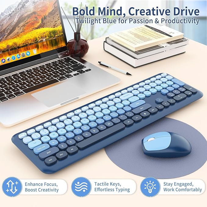 HotFox Wireless Keyboard and Mouse Combo Full-Size Retro Typewriter Keyboard with Round Keycaps Ergonomic Design for Windows PC Home and Office Use -Blue