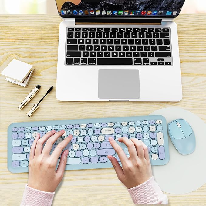 Wireless Keyboard and Mouse Combo Colorful Ergonomic Full Size Retro Low-Noise Keyboard with Cute keycaps Compatible with Windows PC Perfer for Home and Office Keyboards (Blue)
