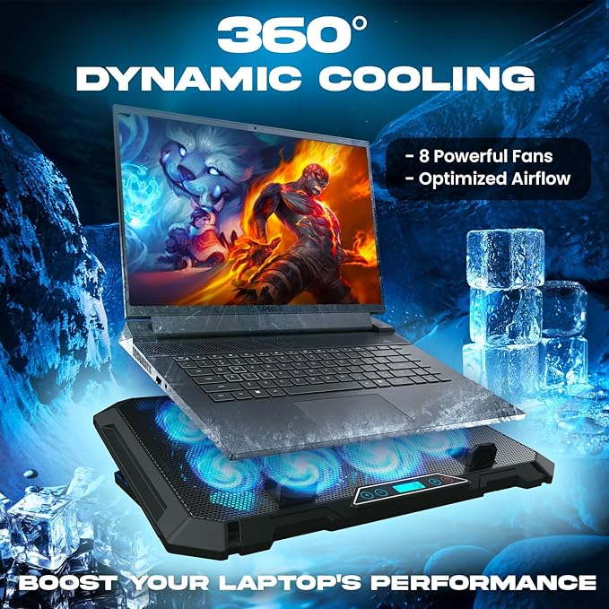 KLIM V8 Gaming Laptop Cooling Pad with 8 Fans + New Version + Gaming Laptop Cooler + Stable RGB Laptop Stand with Fan + Compatible up to 17 + 2 USB Ports + Phone Holder + 5 Year Assurance