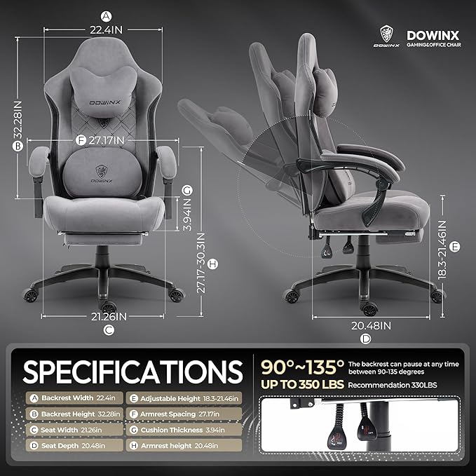 Dowinx Fabric Gaming Chair with Heated Massage Lumbar Support Gaming Chairs for Adults Big and Tall Gamer Chair with Pocket Spring Cushion and Footrest Ergonomic Recliner Computer Chair Grey