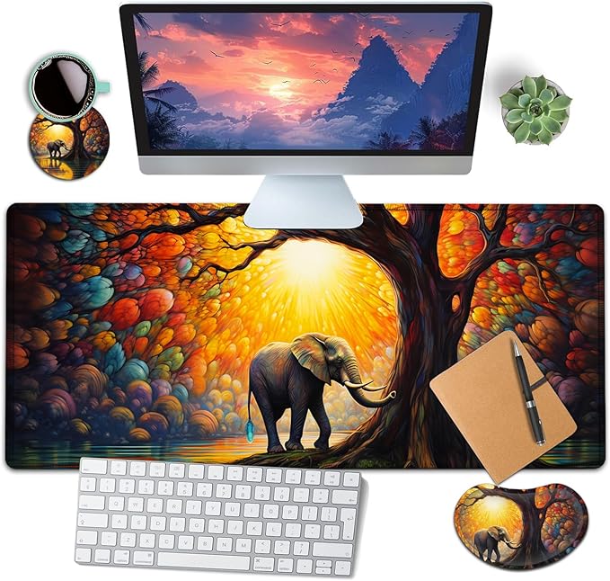 Large Mouse Pad with Mouse Wrist Rest 31.5x11.8 in Extended Mouse Mat Ergonomic Memory Foam Wrist Rest for Work &amp Gaming Writing Pad Colorful Tree of Life and Elephant Office Desk Pad