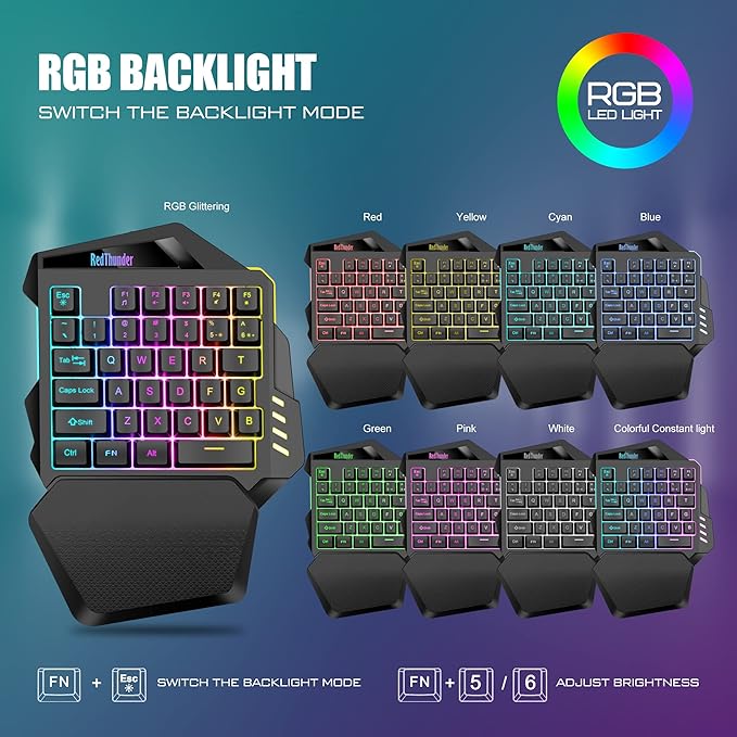 RedThunder Wireless One-Handed Gaming Keyboard 2.4Ghz RGB Backlit Mini Gaming Keypad Rechargeable 2000mAh Battery for PC Gamer
