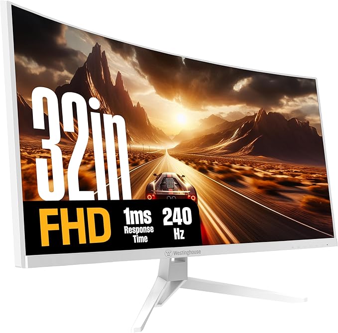 Westinghouse 32 Inch Curved Full HD White Gaming Monitor 240Hz AMD FreeSync Support Low Motion Blur 1500R Curve 1920 x 1080 for PC Games with Built in Speakers DisplayPort HDMI